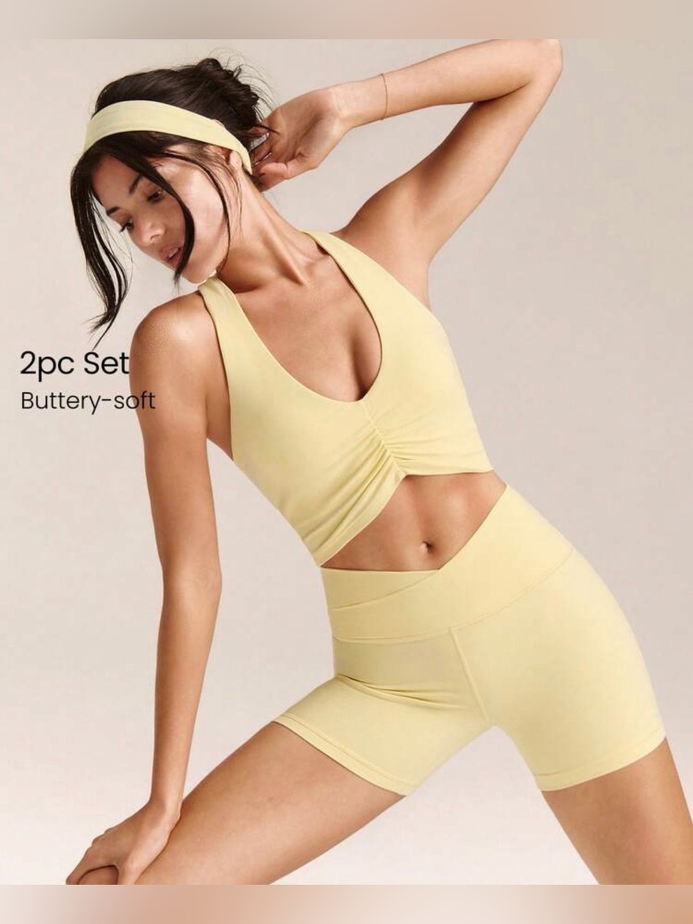 Buttercup Yellow Ruched V-Neck Sports Bralette & Bike Shorts Set